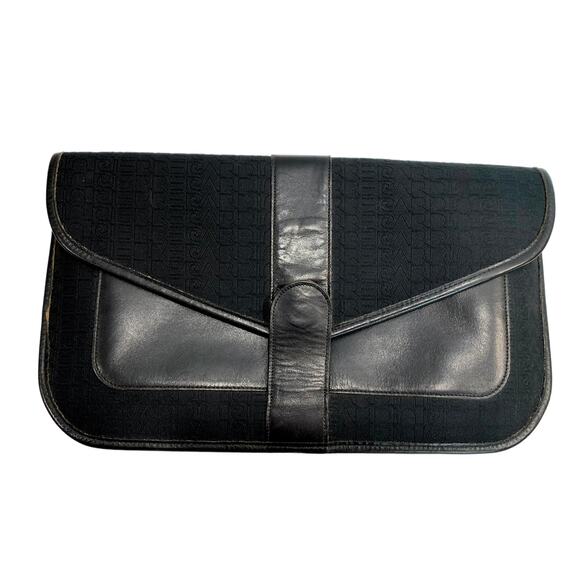 70s Pierre Cardin Black Leather & Monogram Fabric Clutch Bag | Large Envelope - Picture 1 of 9